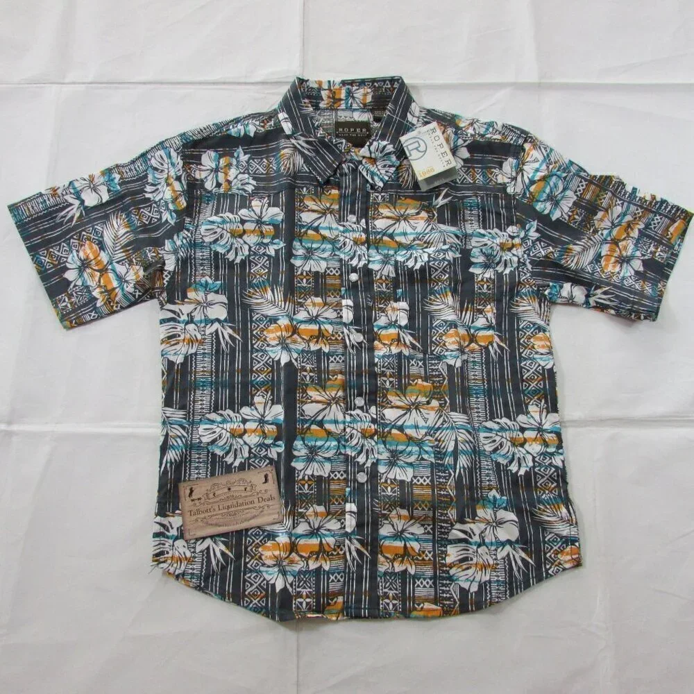 Roper Boy's Medium Short Sleeve Tropical Hawaiian Print Pearl Snap Grey